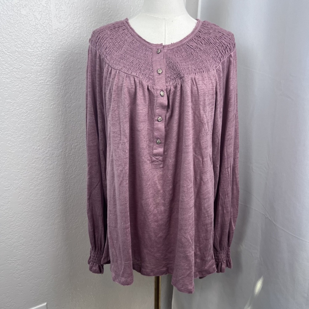 Sundance Top Womens Medium Mauve Henley Linen Smocked Boho Minimal Flowy Casual